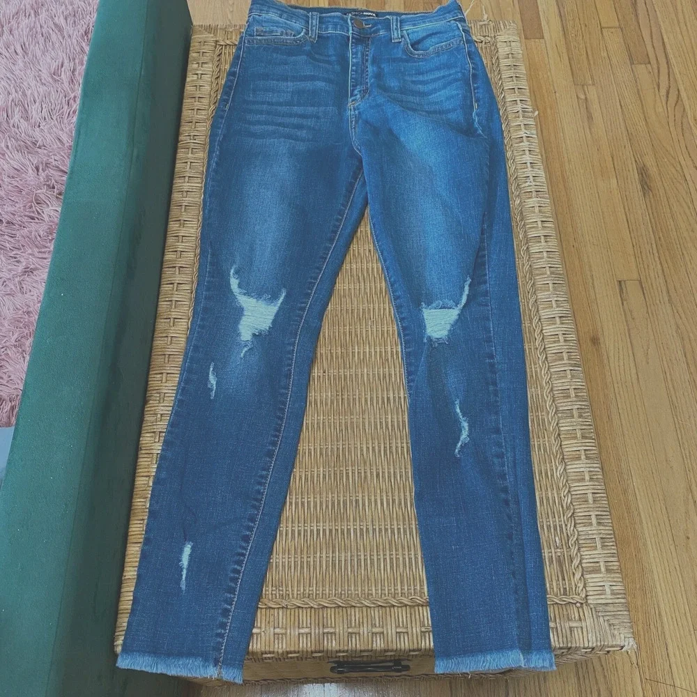 Fashion Nova Smiley High-Rise Distress Knees Jean Medium Blue Wash Raw Hem 7